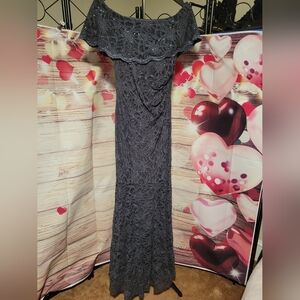Xscape Off-Shoulder Lace Maxi Dress in Gray